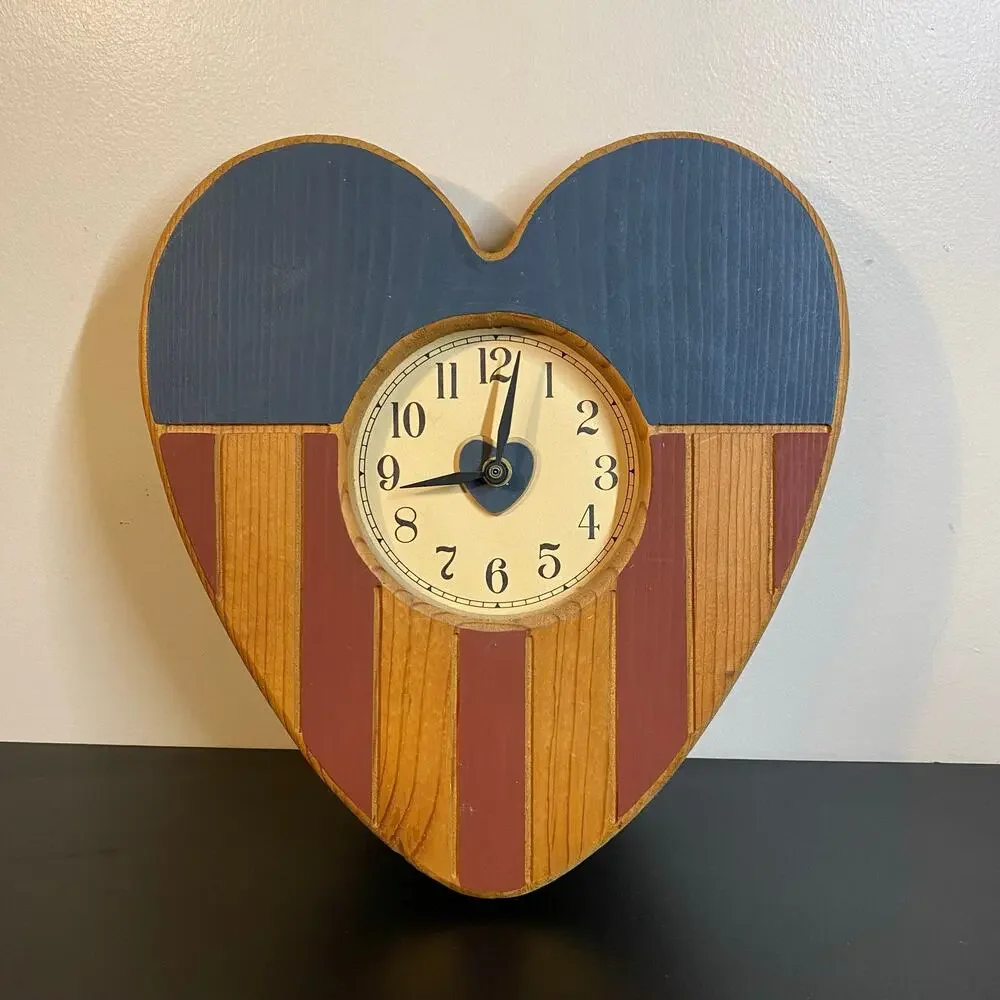 Vintage Rustic Wood Americana Heart Wall Clock Patriotic Country Folk Art Works